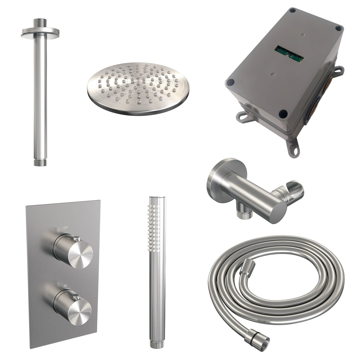 Brauer Edition inbouwset met 3-weg thermostaat - hoofddouche 30cm - plafondbuis 20cm - staafhanddouche - wandaansluiting - chroom