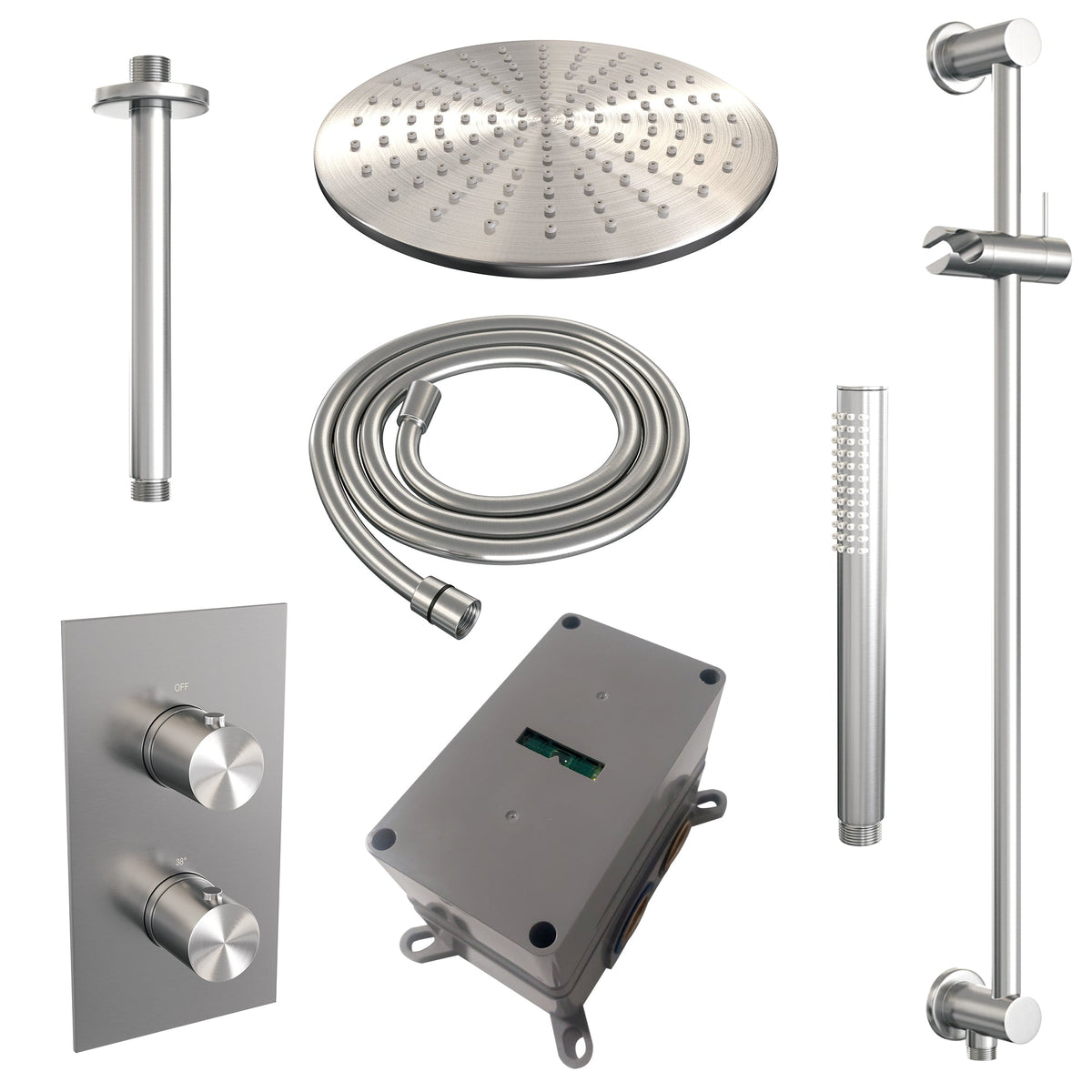 Brauer Edition inbouwset met 3-weg thermostaat - hoofddouche 20cm - plafondbuis 20cm - staafhanddouche - glijstang met aansluitbocht - geborsteld RVS PVD
