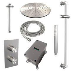 Brauer Edition inbouwset met 3-weg thermostaat - hoofddouche 20cm - plafondbuis 20cm - staafhanddouche - glijstang met aansluitbocht - geborsteld RVS PVD
