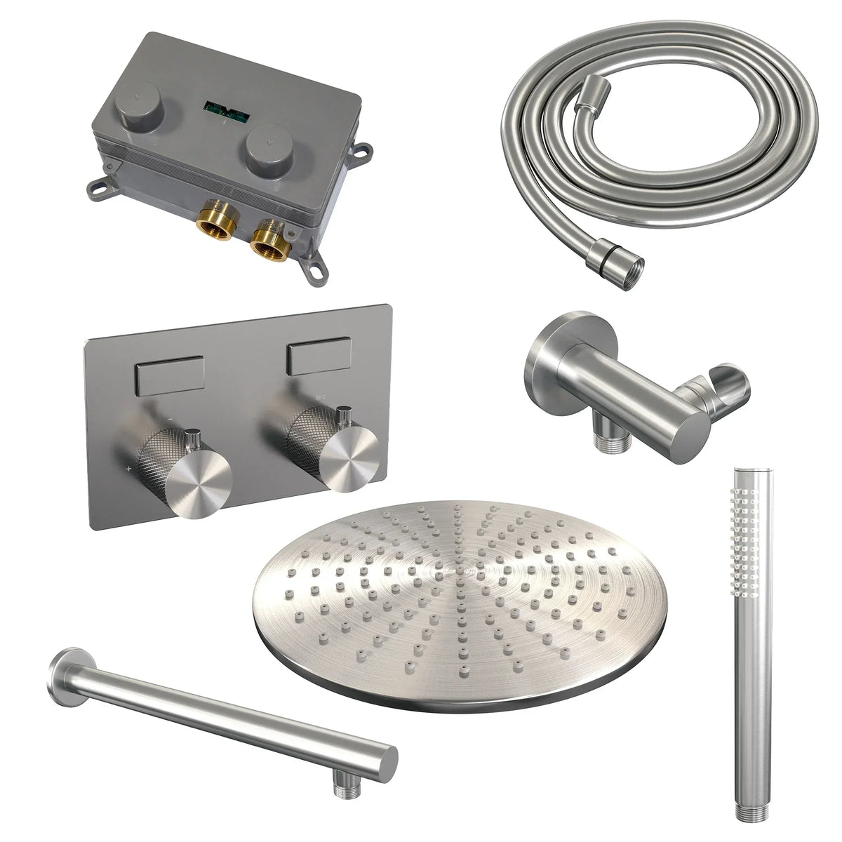 Brauer Carving inbouw doucheset - staafhanddouche - 30cm hoofdouche - rechte wandarm - wandsteun - geborsteld rvs PVD