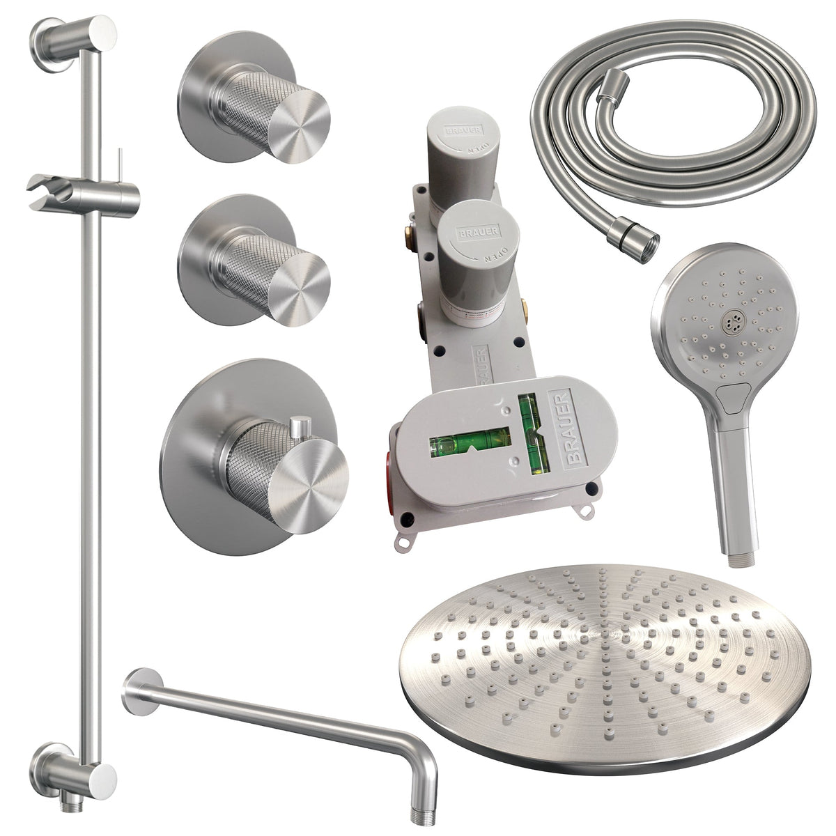 Brauer Carving thermostatische inbouw doucheset - hoofddouche 30cm - gebogen wandarm - 3 standen handdouche rond - Glijstang - geborsteld RVS PVD