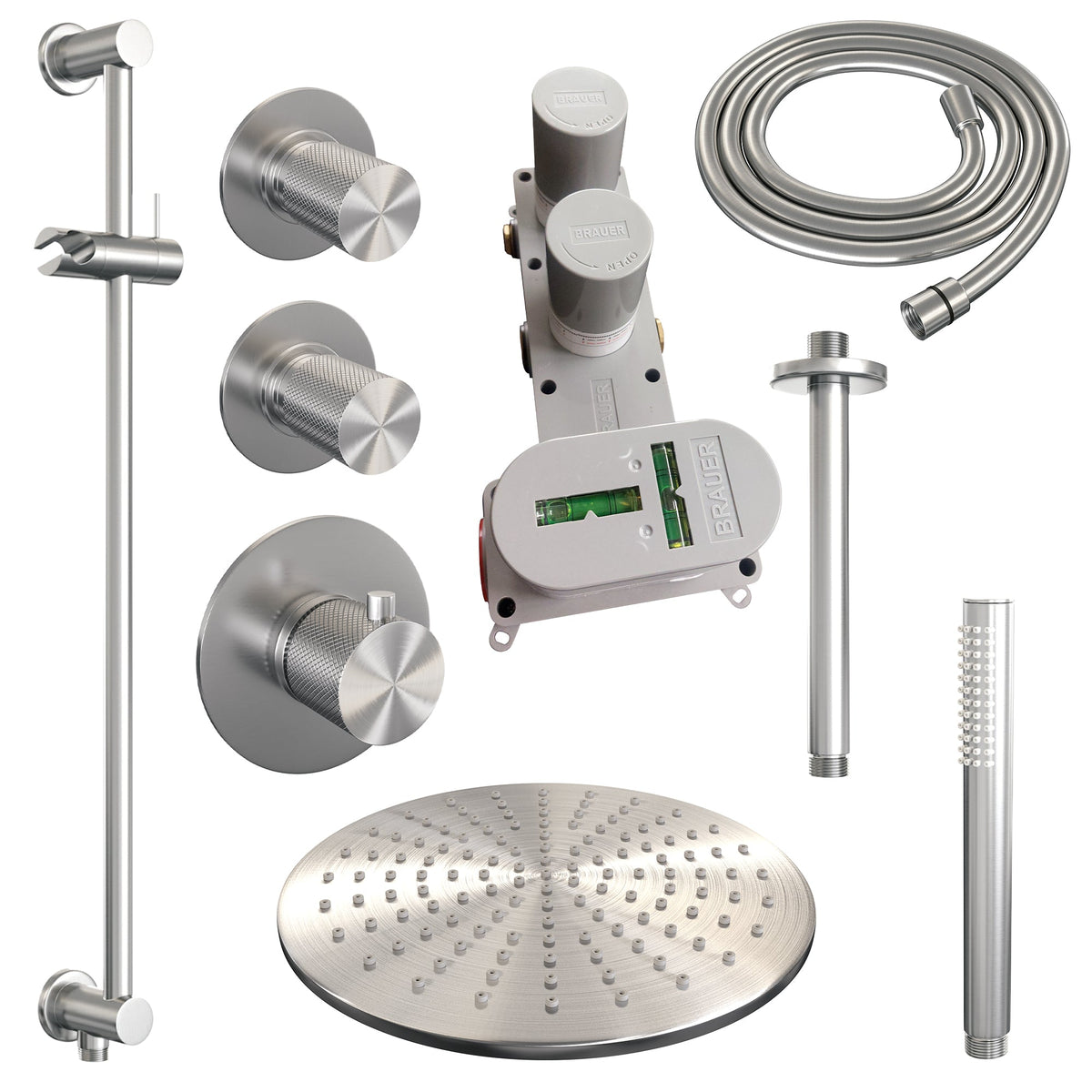 Brauer Carving thermostatische inbouw doucheset - hoofddouche 30cm - plafondbuis - staafhanddouche - Glijstang - chroom