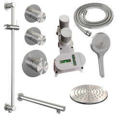 Brauer Carving thermostatische inbouw doucheset - hoofddouche 20cm - rechte wandarm - 3 standen handdouche rond - Glijstang - geborsteld RVS PVD
