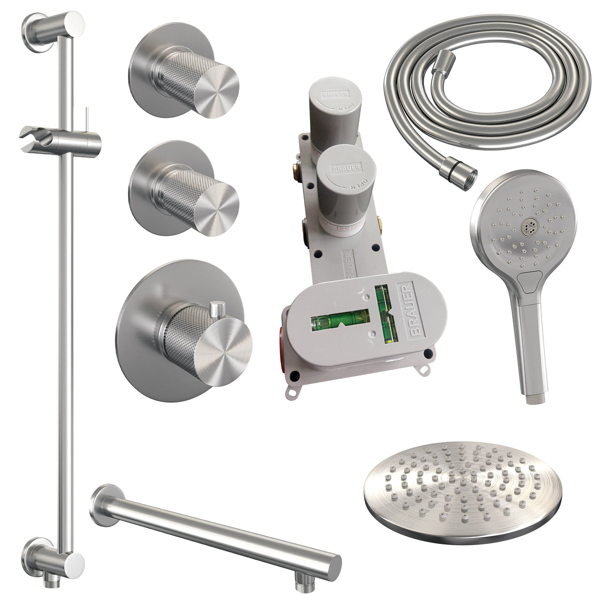Brauer Carving thermostatische inbouw doucheset - hoofddouche 20cm - rechte wandarm - 3 standen handdouche rond - Glijstang - chroom
