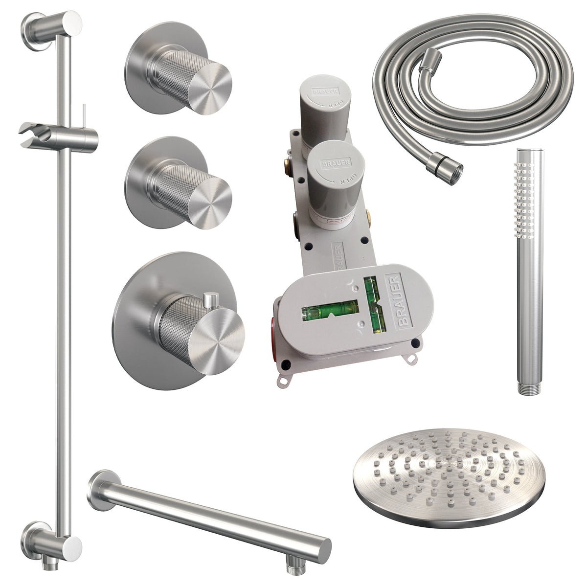 Brauer Carving thermostatische inbouw doucheset - hoofddouche 20cm - rechte wandarm - staafhanddouche - Glijstang - geborsteld RVS PVD