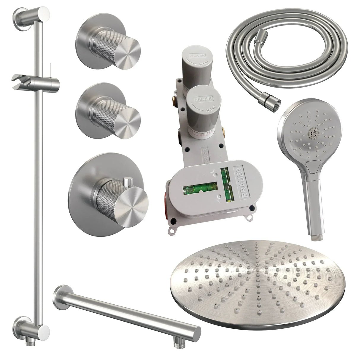 Brauer Carving thermostatische inbouw doucheset - hoofddouche 30cm - rechte wandarm - 3 standen handdouche rond - Glijstang - chroom