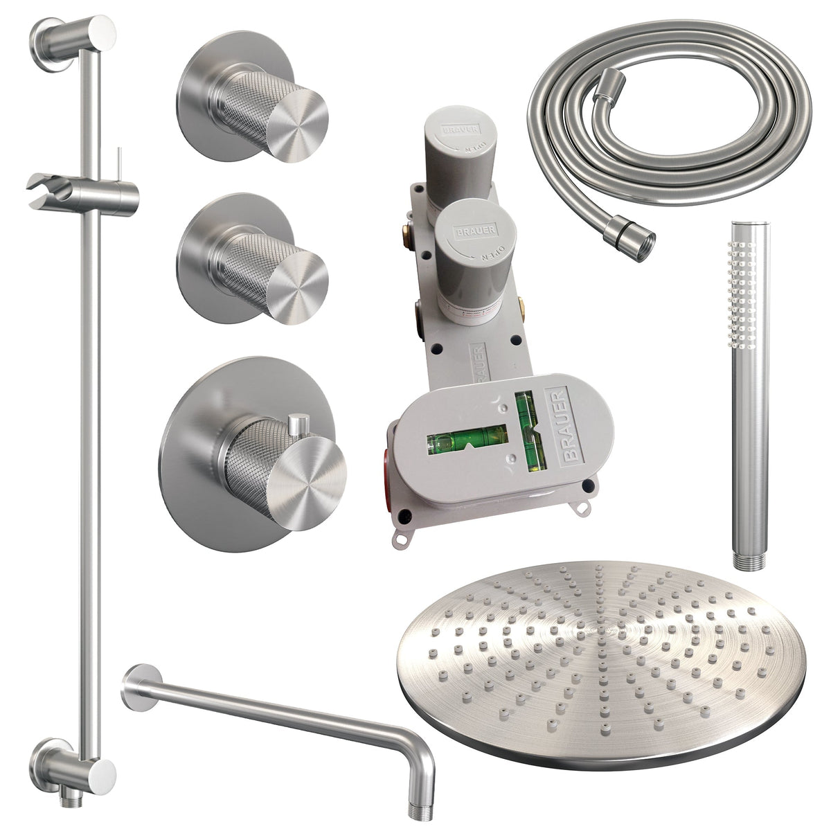 Brauer Carving thermostatische inbouw doucheset - hoofddouche 30cm - gebogen wandarm - staafhanddouche - Glijstang - geborsteld RVS PVD