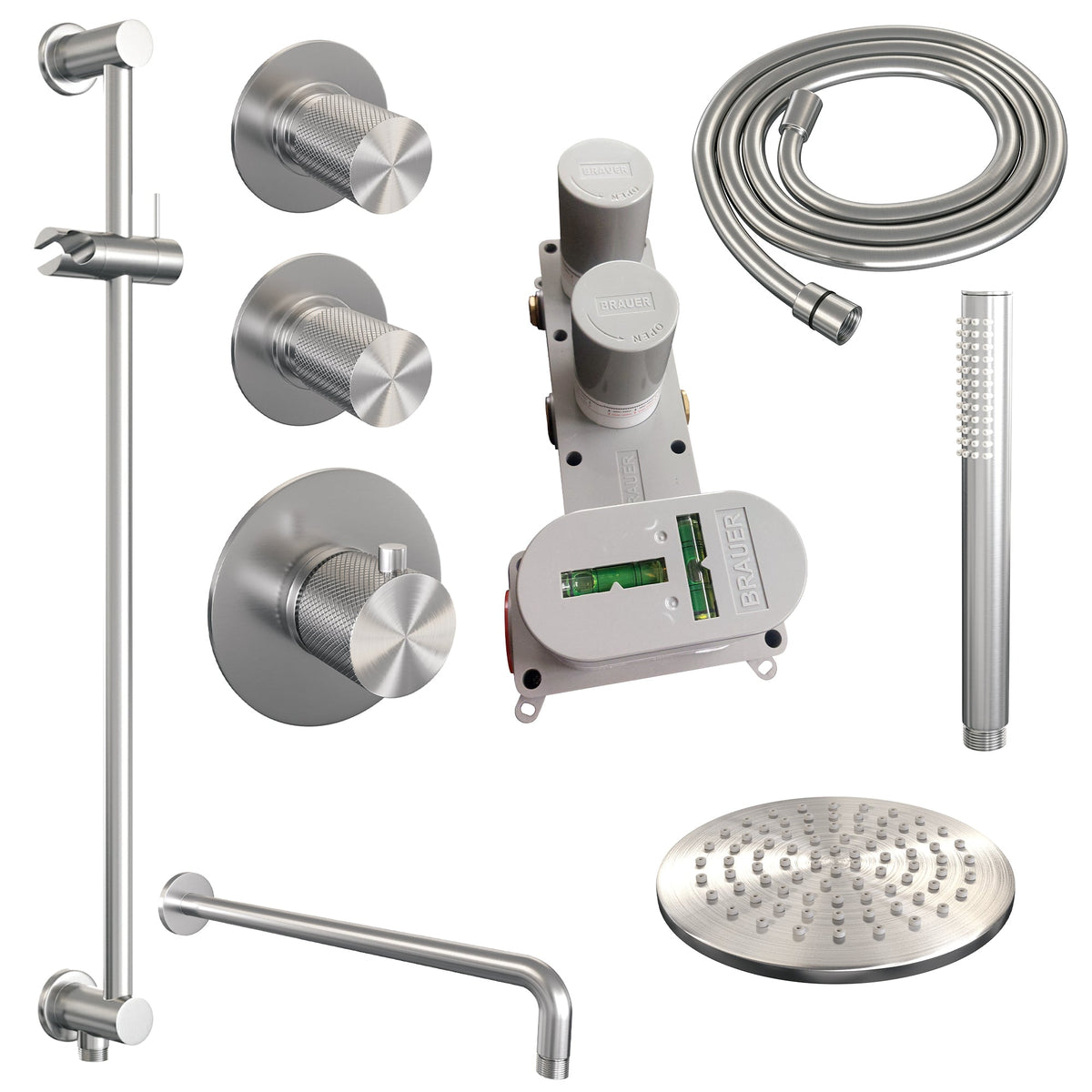 Brauer Carving thermostatische inbouw doucheset - hoofddouche 20cm - gebogen wandarm - staafhanddouche - Glijstang - geborsteld RVS PVD