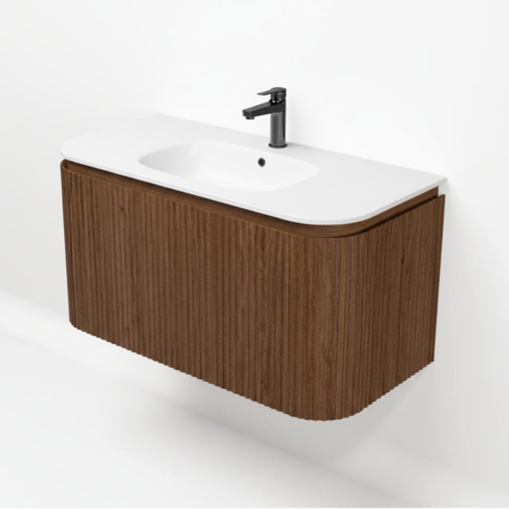 Aurélia Maison Valmont Badmeubel - warm noten - afgerond - met wastafel - polystone - 1 kraangat - mat wit