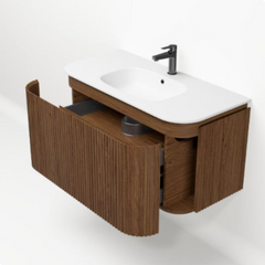 Aurélia Maison Valmont Badmeubel - warm noten - afgerond - met wastafel - polystone - 1 kraangat - mat wit