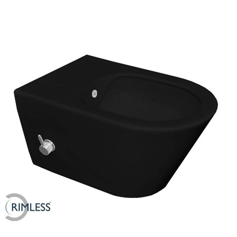Stereo wandcloset rimless met bidetkraan warm en koudwater mat zwart