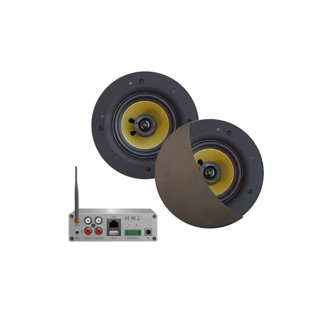 WIFI-AUDIOSYSTEEM (AIRPLAY + DLNA) 50 WATT, INCL SAMBA  SPEAKERS INOX/RVS LOOK (205 MM), 230V/12V, LAN /WLAN