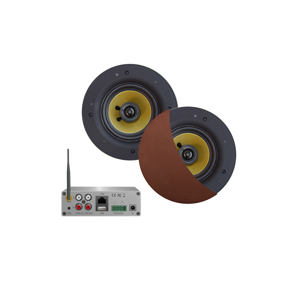WIFI-AUDIOSYSTEEM (AIRPLAY + DLNA) 50 WATT, INCL SAMBA  SPEAKERS BRUSHED COPPER (205 MM), 230V/12V, LAN /WLAN