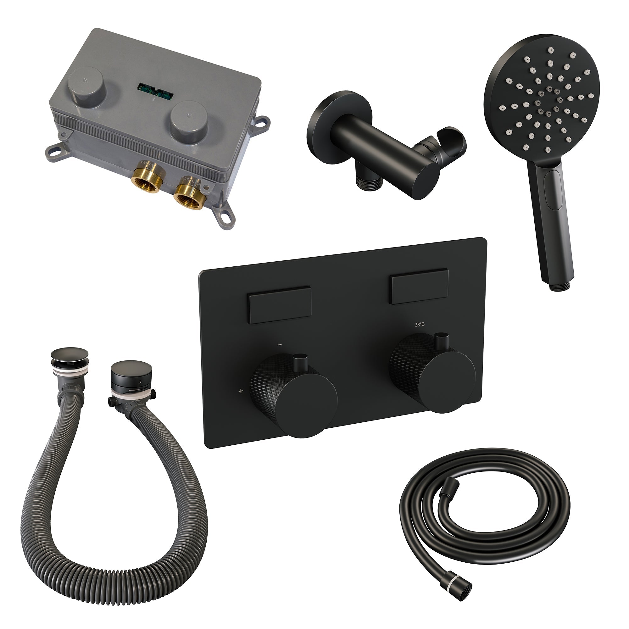 Brauer Brushed Carving thermostatische inbouw badkraan met drukknoppen SET 04 met badvulcombinatie en 3-standen handdouche en doucheslang en wandaansluitbocht Geborsteld RVS PVD -  5-NG-213