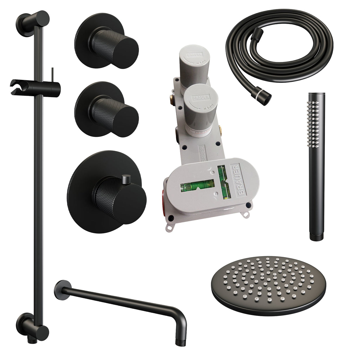 Brauer Carving thermostatische inbouw doucheset - hoofddouche 20cm - gebogen wandarm - staafhanddouche - Glijstang - Mat Zwart