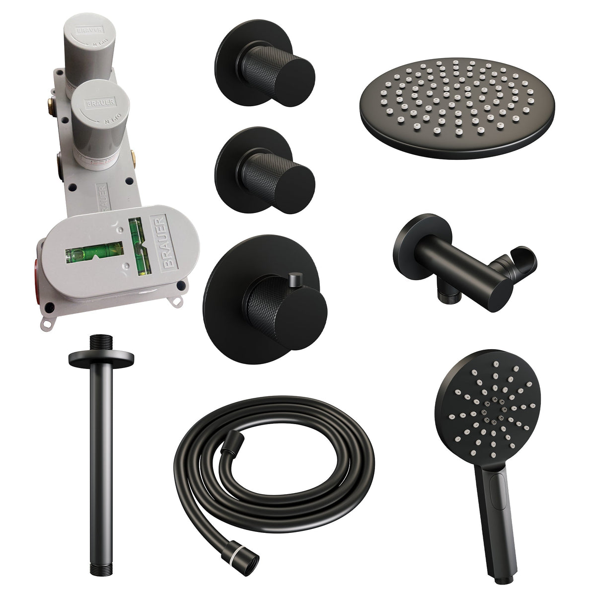Brauer Carving thermostatische inbouw doucheset - hoofddouche 20cm - plafondbuis - 3 standen handdouche rond - Mat Zwart