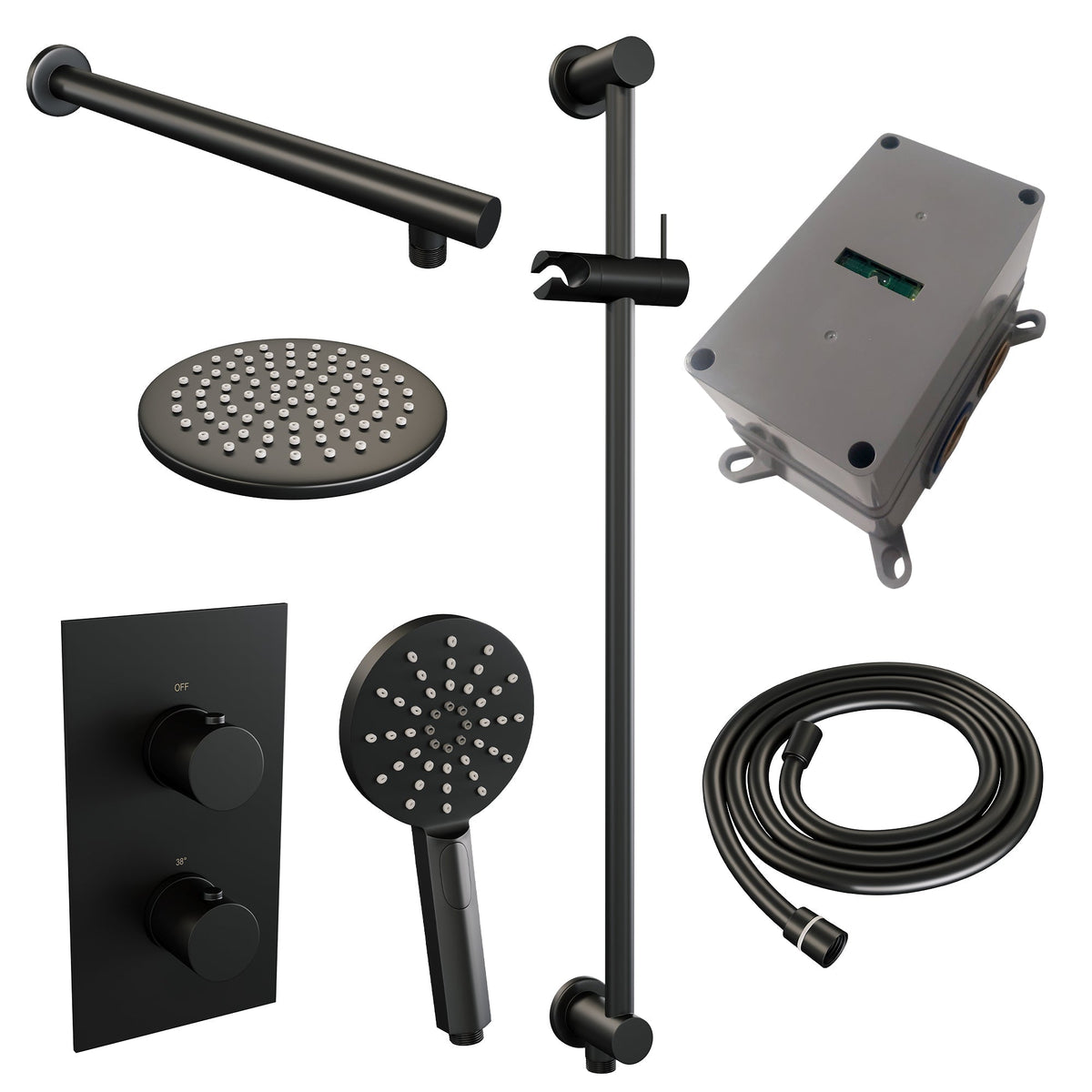 Brauer Edition inbouwset met 3-weg thermostaat - hoofddouche 20cm - rechte wandarm 40cm - ronde 3-standen handdouche - glijstang met aansluitbocht - Mat Zwart