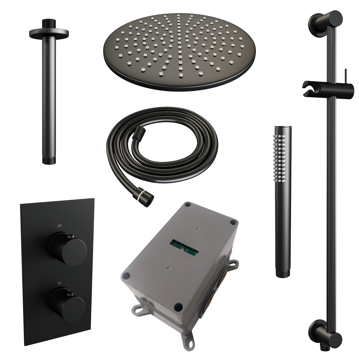 Brauer Edition inbouwset met 3-weg thermostaat - hoofddouche 20cm - plafondbuis 20cm - staafhanddouche - glijstang met aansluitbocht - Mat Zwart