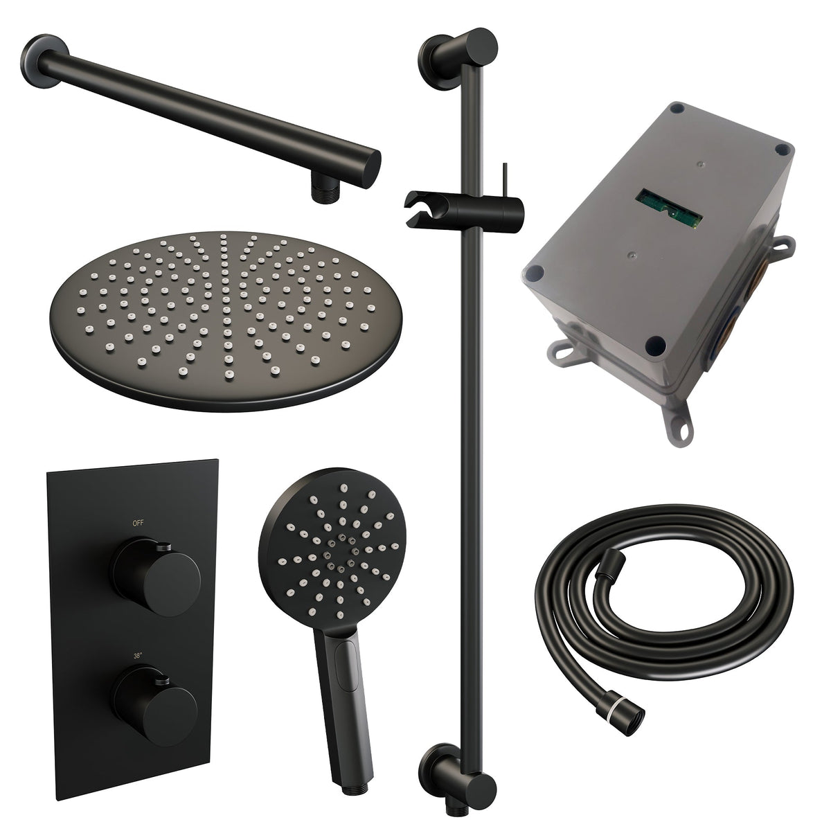 Brauer Edition inbouwset met 3-weg thermostaat - hoofddouche 30cm - rechte wandarm 40cm - staafhanddouche - wandaansluiting - Mat Zwart