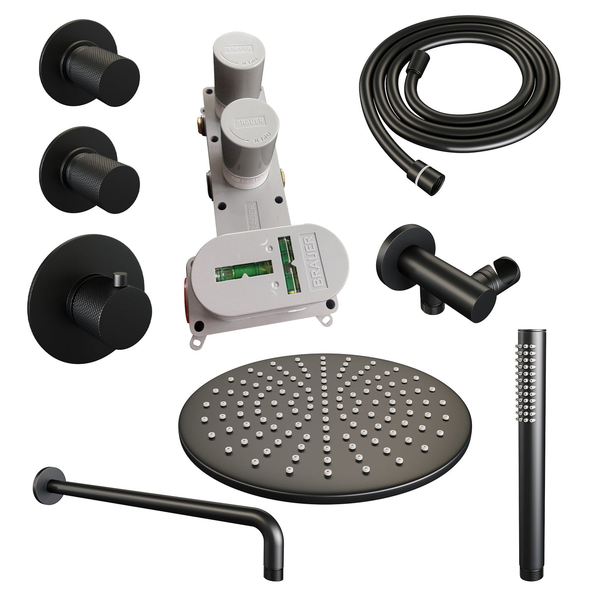 Brauer Carving thermostatische inbouw doucheset - hoofddouche 30cm - gebogen wandarm - staafhanddouche - Mat Zwart