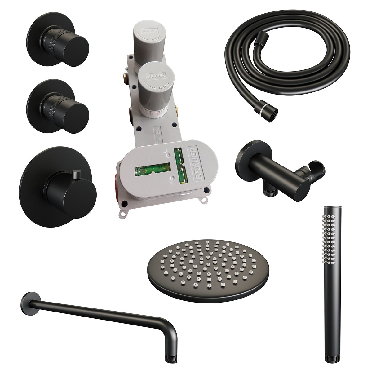 Brauer Edition thermostatische inbouw doucheset - hoofddouche 20cm - wandarm gebogen - staafhanddouche - Mat Zwart