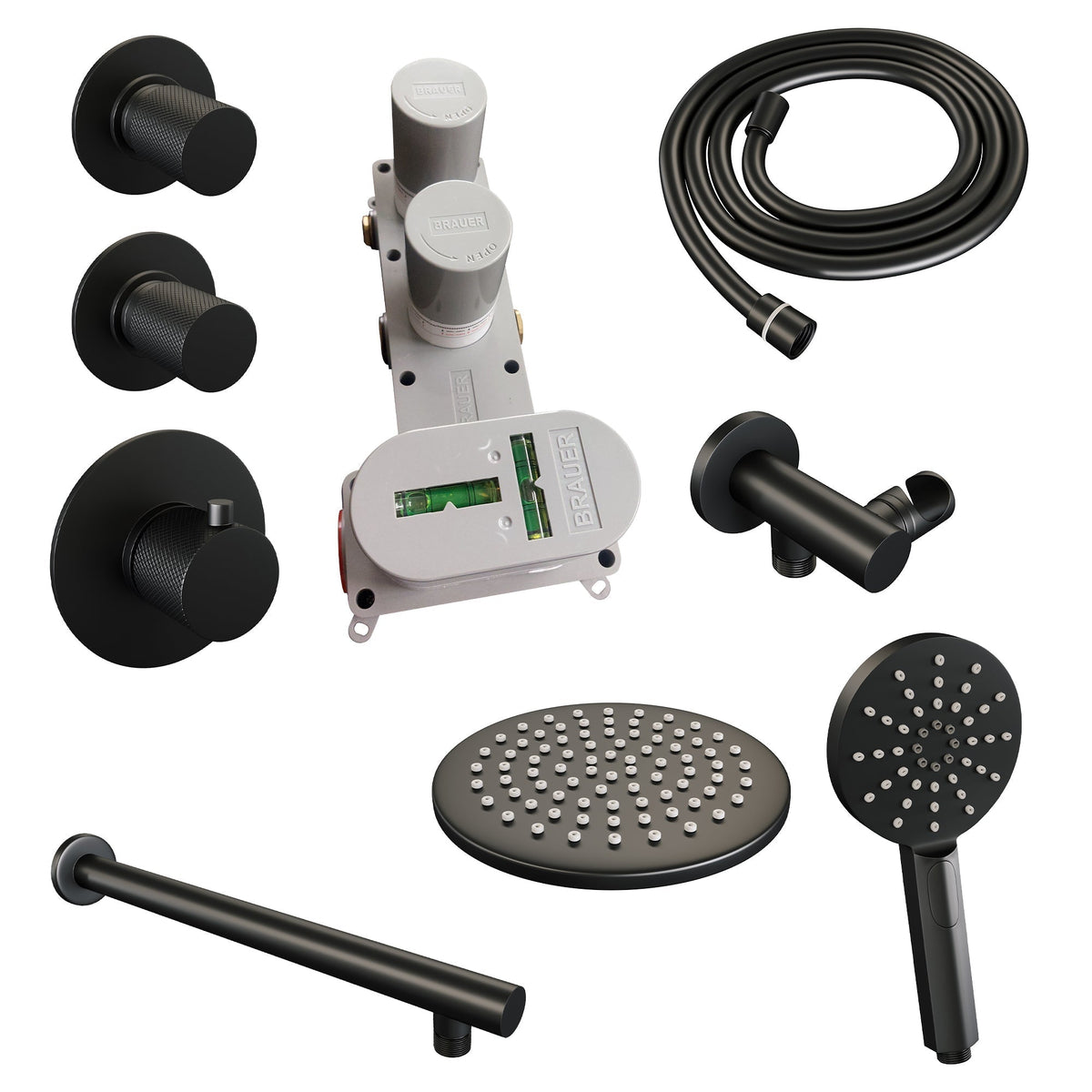 Brauer Carving thermostatische inbouw doucheset - hoofddouche 20cm - rechte wandarm - 3 standen handdouche rond - Mat Zwart