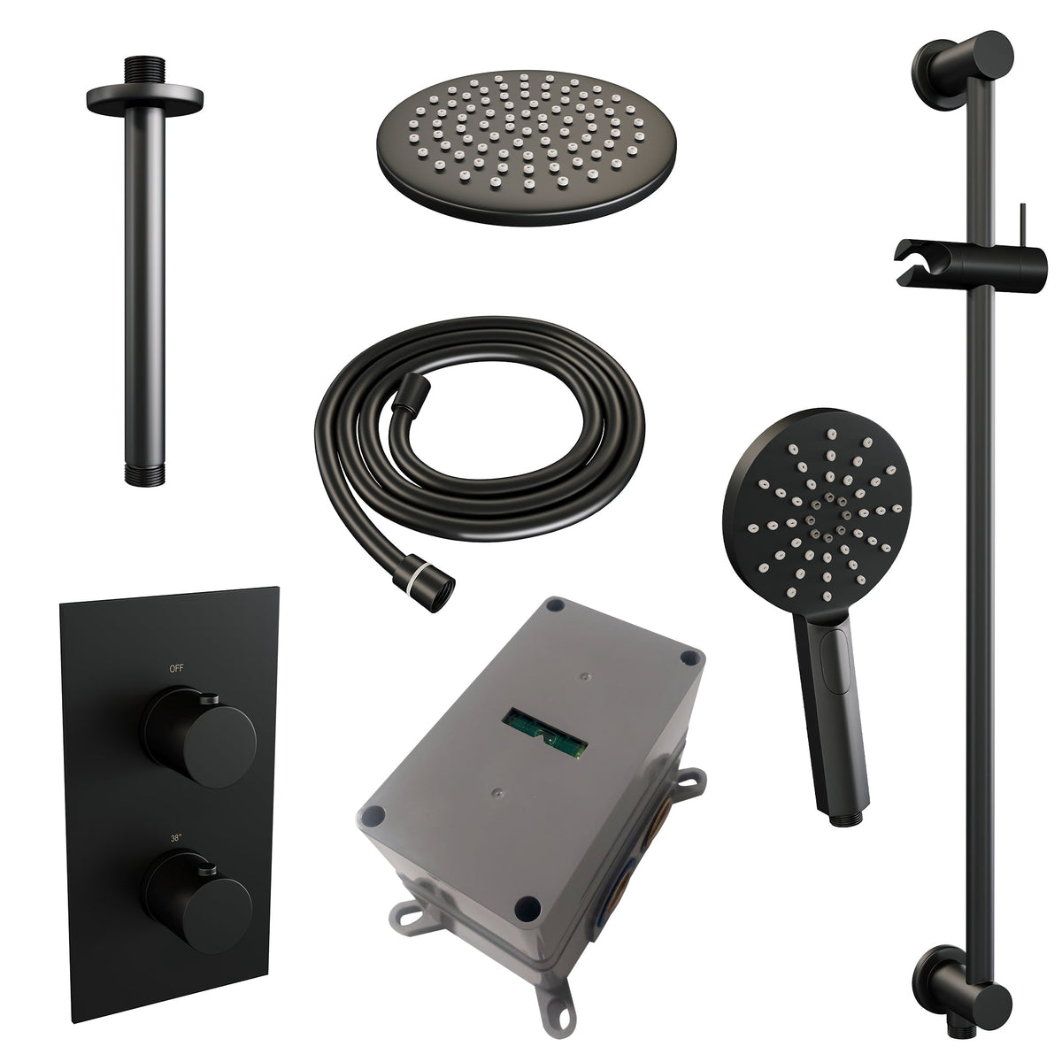 Brauer Edition inbouwset met 3-weg thermostaat - hoofddouche 30cm - plafondbuis 20cm - ronde 3-standen handdouche - glijstang met aansluitbocht - Mat Zwart