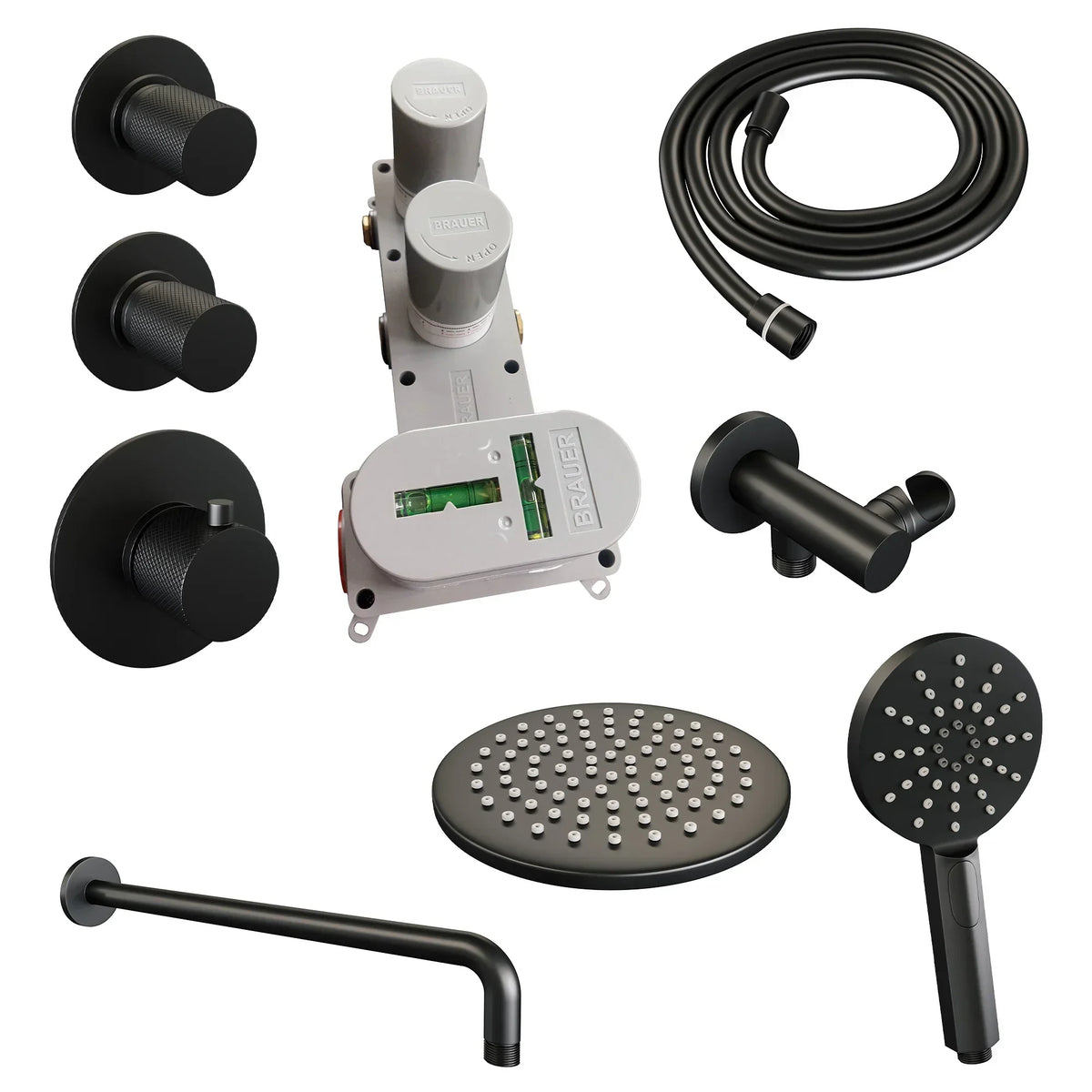 Brauer Carving thermostatische inbouw doucheset - hoofddouche 20cm - gebogen wandarm - 3 standen handdouche rond - Mat Zwart