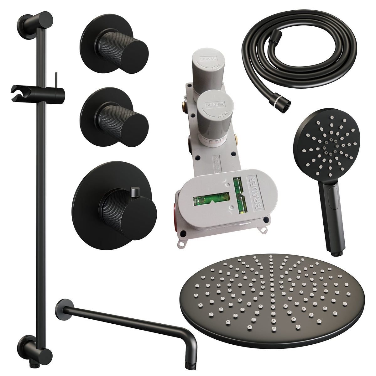 Brauer Carving thermostatische inbouw doucheset - hoofddouche 30cm - gebogen wandarm - 3 standen handdouche rond - Glijstang - Mat Zwart