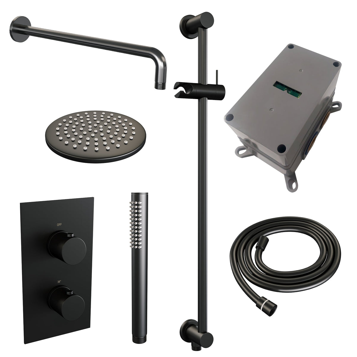Brauer Edition inbouwset met 3-weg thermostaat - hoofddouche 20cm - gebogen wandarm 40cm - staafhanddouche - glijstang met aansluitbocht - Mat Zwart