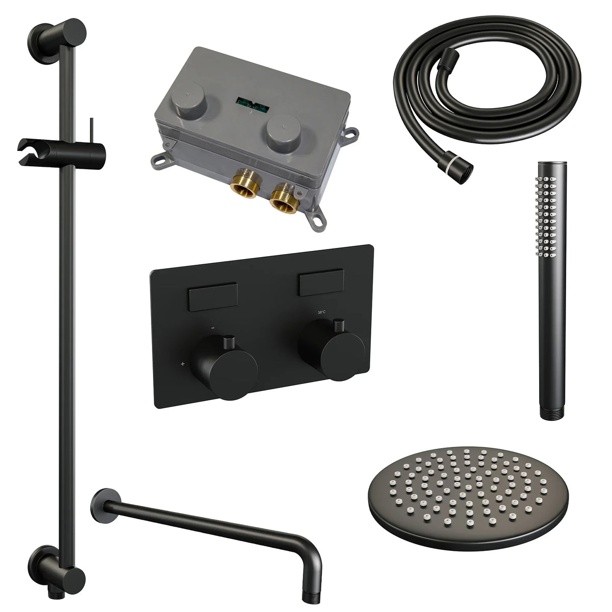 Brauer Edition inbouw doucheset - staafhanddouche - 20cm hoofdouche - gebogen wandarm - glijstang - Mat Zwart