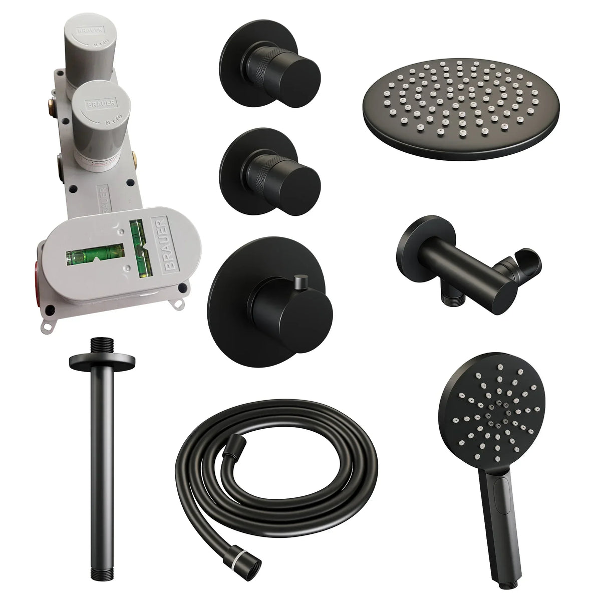 Brauer Edition thermostatische inbouw doucheset - Mat Zwart - hoofddouche 20cm - plafondsteun - ronde handdouche