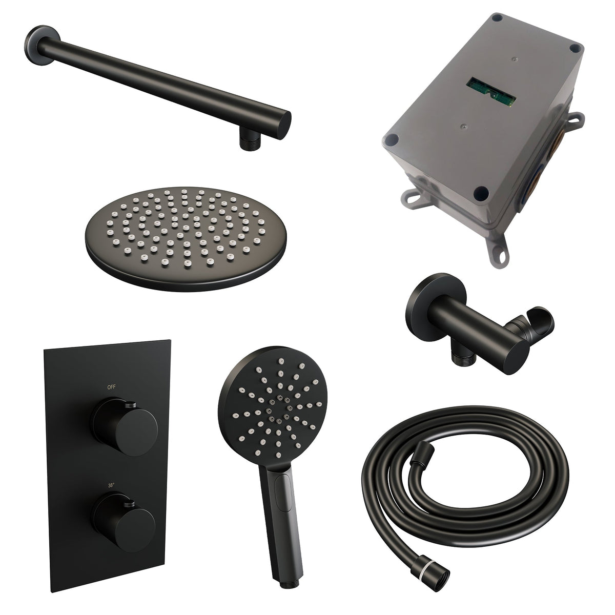 Brauer Edition inbouwset met 3-weg thermostaat - hoofddouche 20cm - rechte wandarm 40cm - ronde 3-standen handdouche - wandaansluiting - Mat Zwart