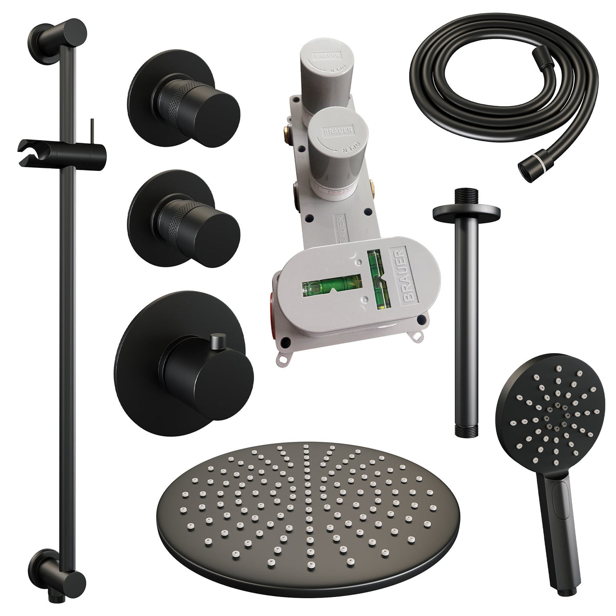 Brauer Edition thermostatische inbouw doucheset - Mat Zwart - hoofddouche 30cm - plafondsteun - ronde handdouche - Glijstang