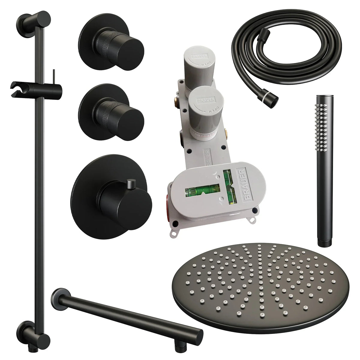 Brauer Edition thermostatische inbouw doucheset - Mat Zwart - hoofddouche 30cm - wandarm - staafhanddouche - Glijstang