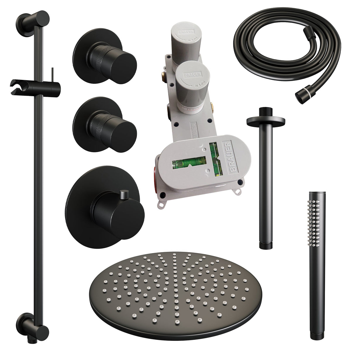 Brauer Edition thermostatische inbouw doucheset - Mat Zwart - hoofddouche 30cm - plafondsteun - staafhanddouche - Glijstang