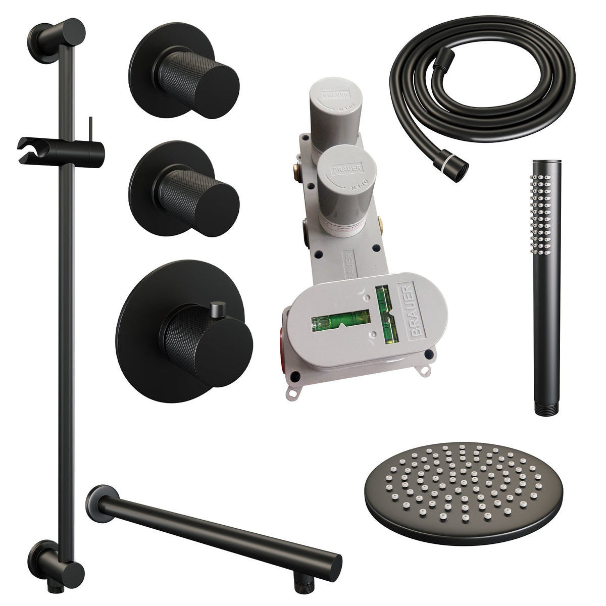 Brauer Carving thermostatische inbouw doucheset - hoofddouche 20cm - rechte wandarm - staafhanddouche - Glijstang - Mat Zwart