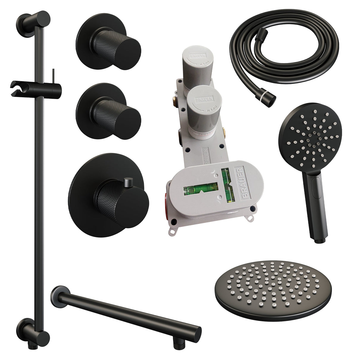 Brauer Carving thermostatische inbouw doucheset - hoofddouche 20cm - rechte wandarm - 3 standen handdouche rond - Glijstang - Mat Zwart