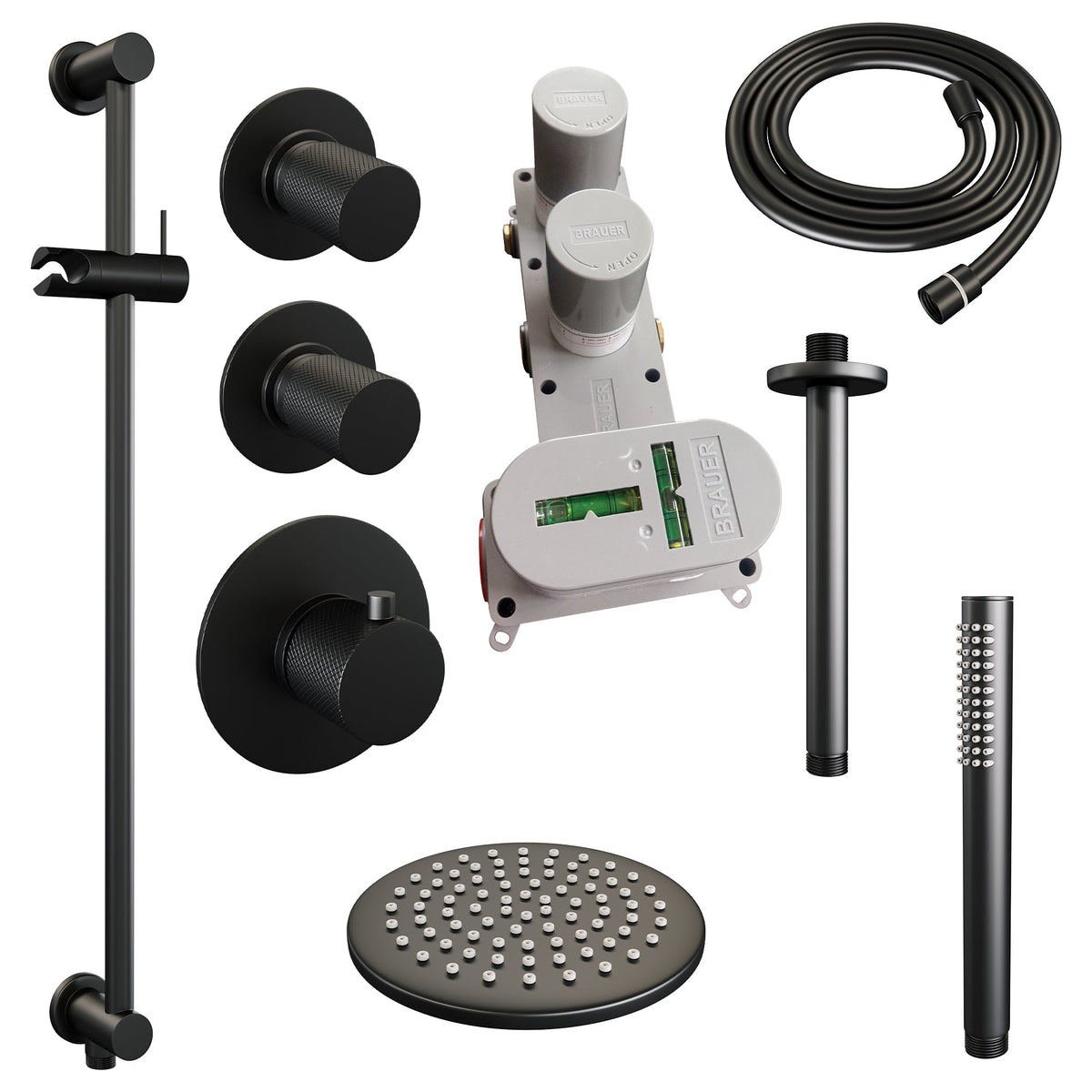 Brauer Carving thermostatische inbouw doucheset - hoofddouche 20cm - plafondbuis - staafhanddouche - Glijstang - Mat Zwart