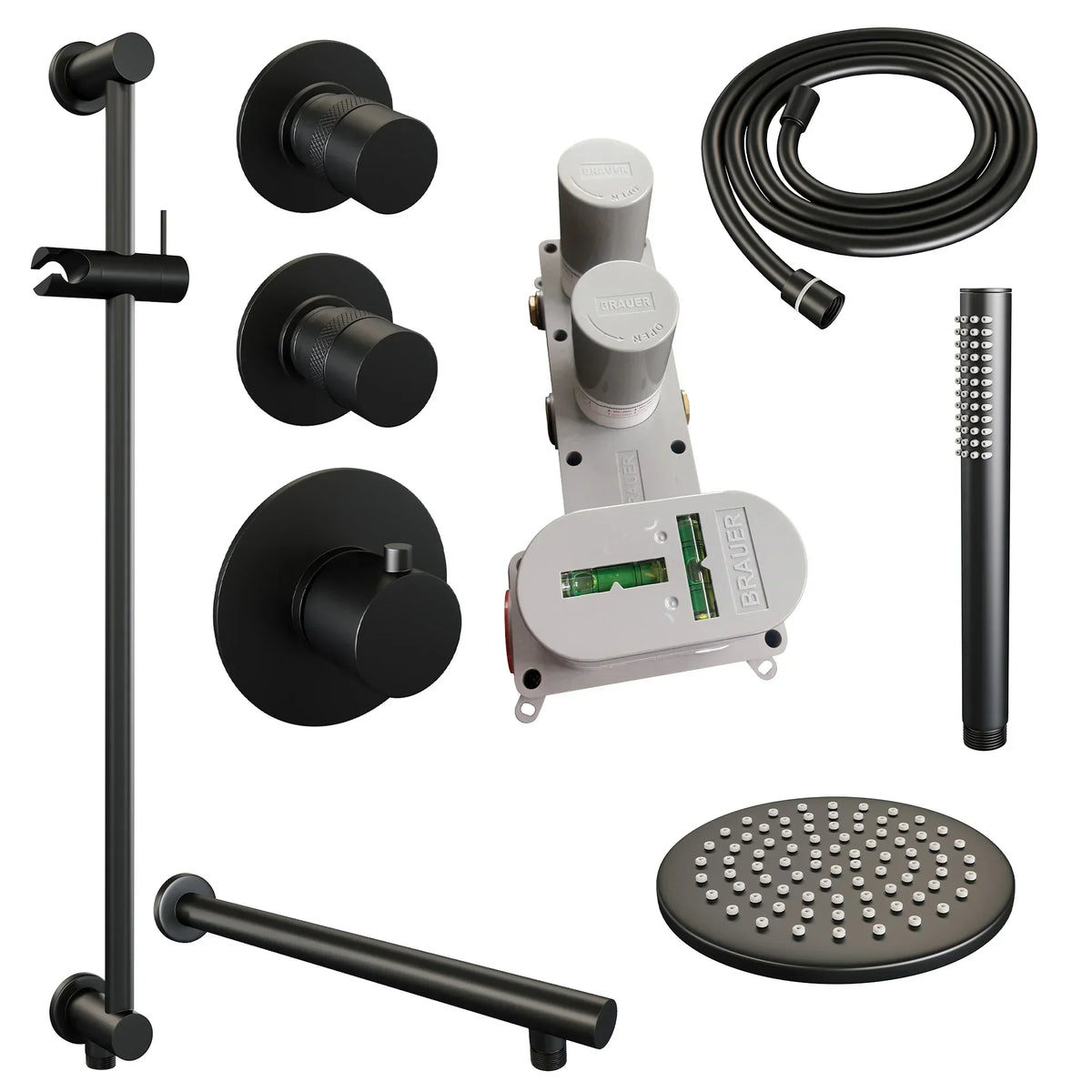 Brauer Edition thermostatische inbouw doucheset - Mat Zwart - hoofddouche 20cm - wandarm - staafhanddouche - Glijstang