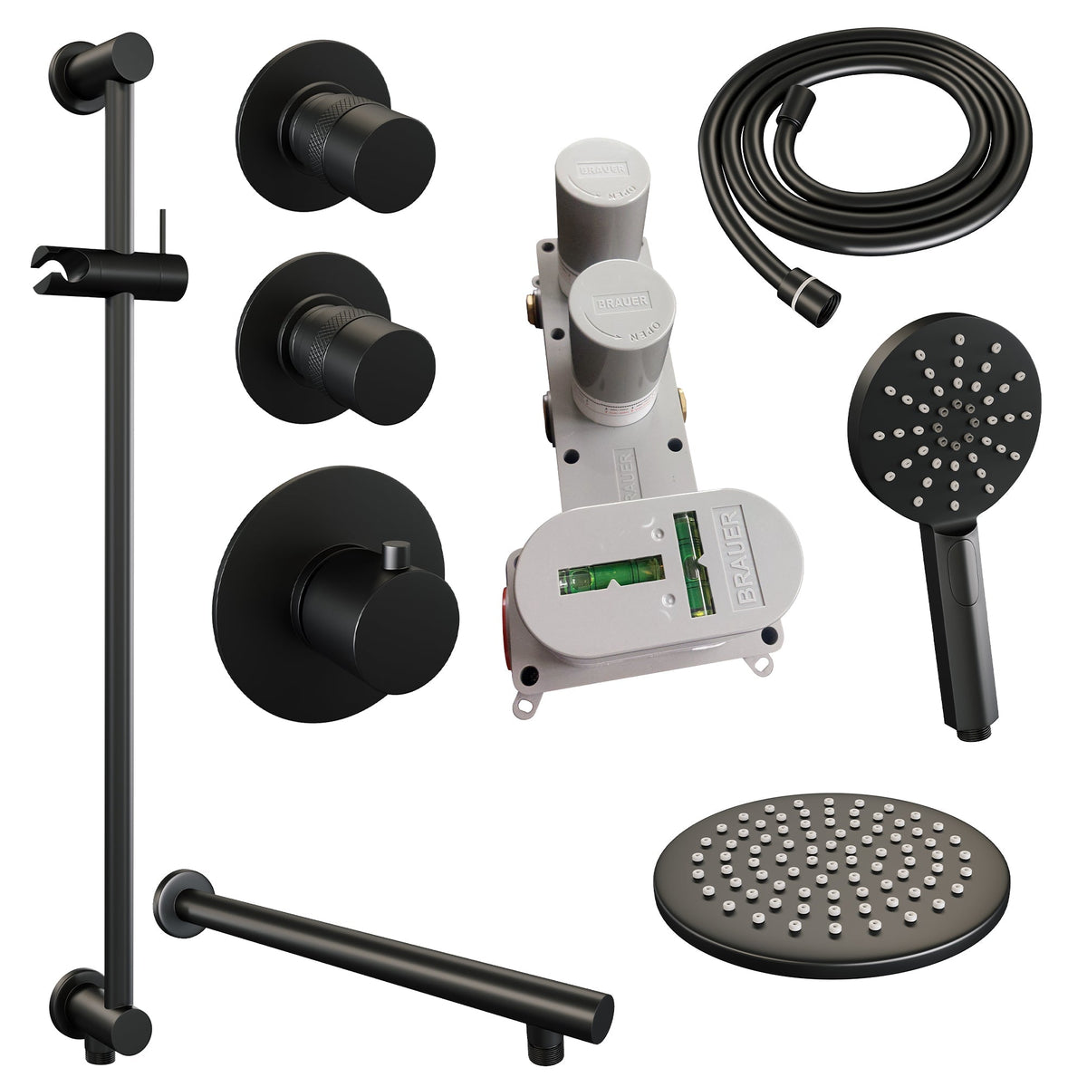 Brauer Edition thermostatische inbouw doucheset - Mat Zwart - hoofddouche 20cm - wandarm - ronde handdouche - Glijstang