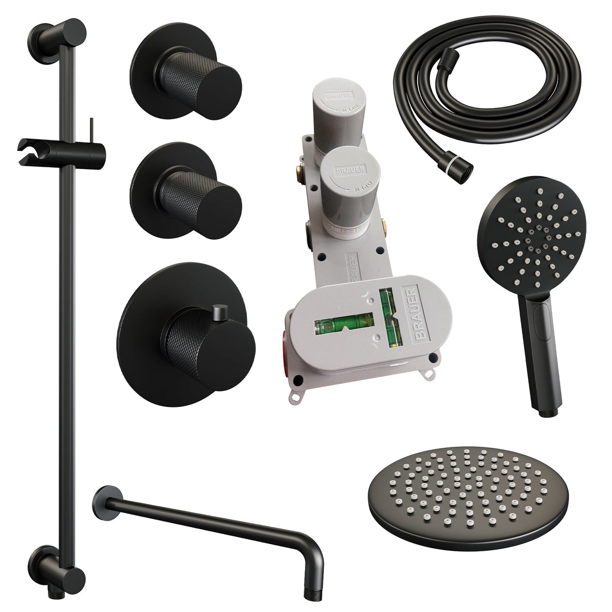 Brauer Carving thermostatische inbouw doucheset - hoofddouche 20cm - gebogen wandarm - 3 standen handdouche rond - Glijstang - Mat Zwart