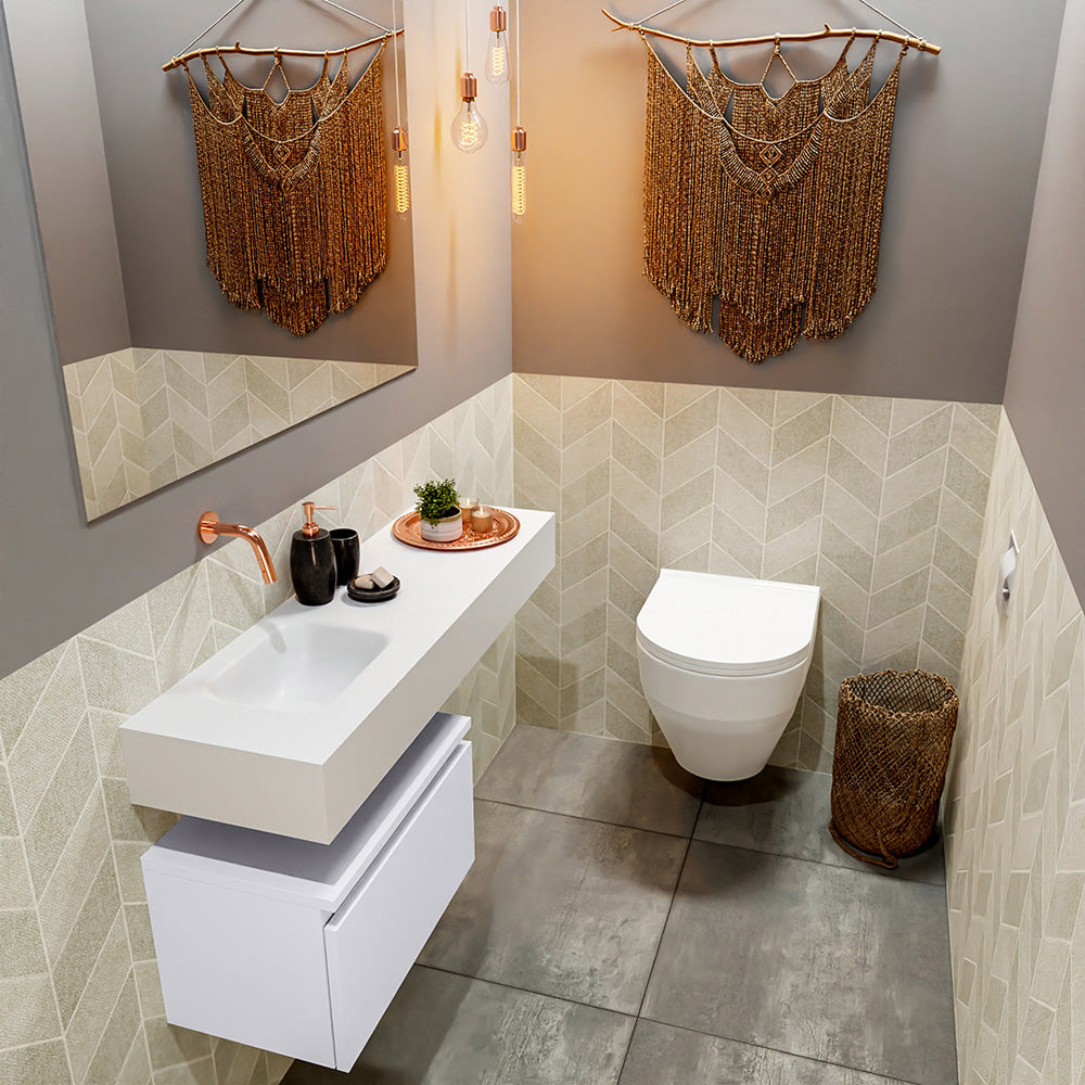 MONDIAZ ANDOR 50cm toiletmeubel cale. LEX 100cm wastafel talc positie links. Zonder kraangat