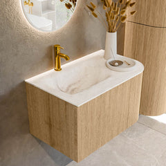 MONDIAZ KURVE-DLUX 75cm badmeubel ronding Rechts kleur Oak met 1 lade en 1 deur. Wastafel GRUNNE Links 1 kraangat Frappe.