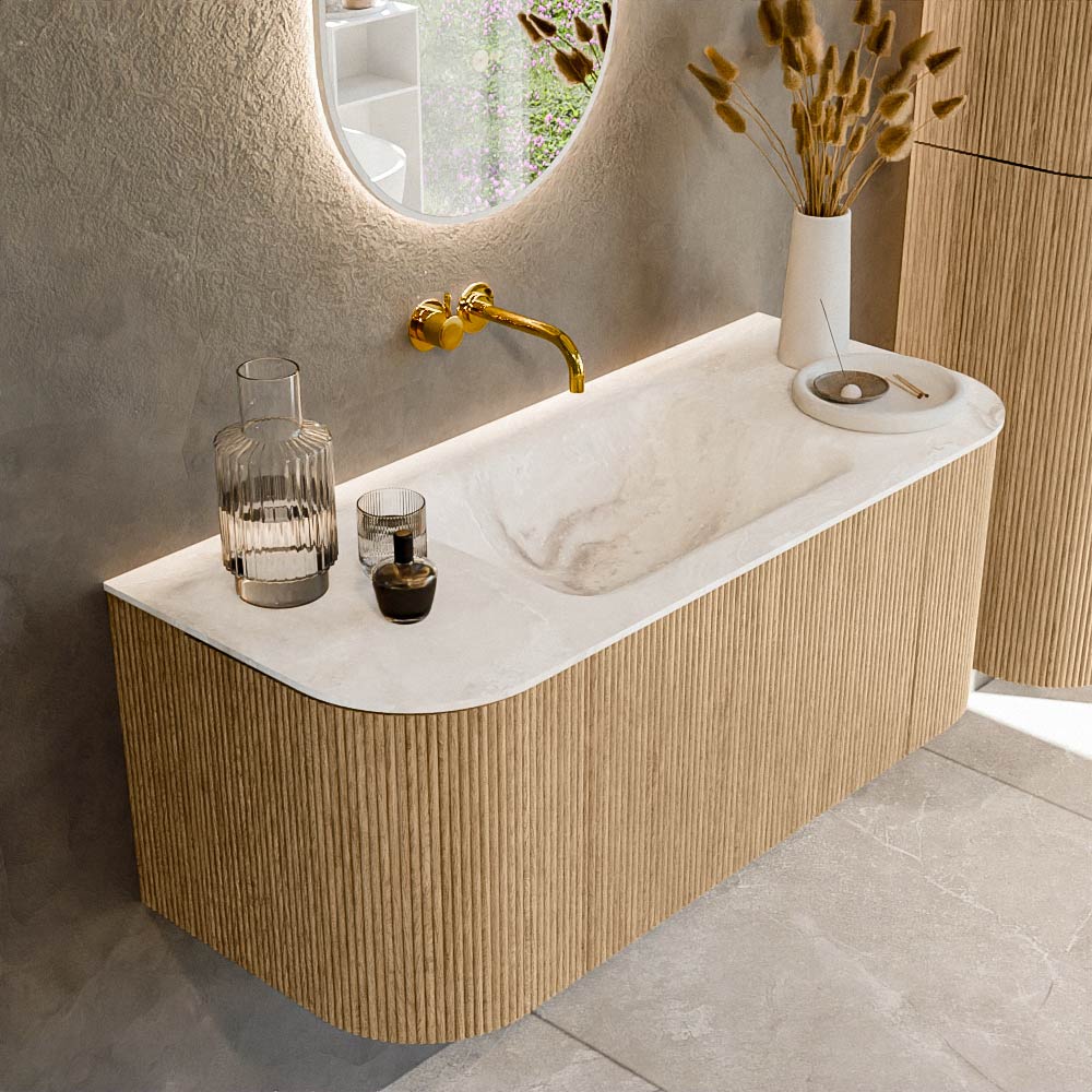 MONDIAZ KURVE-DLUX 110cm badmeubel ronding Links + Rechts kleur Oak met 1 lade en 2 deuren. Wastafel CLOUD Midden zonder kraangat Frappe.