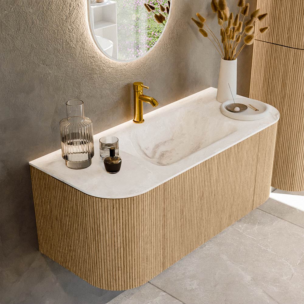 MONDIAZ KURVE-DLUX 110cm badmeubel ronding Links + Rechts kleur Oak met 1 lade en 2 deuren. Wastafel CLOUD Midden 1 kraangat Frappe.