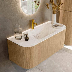 MONDIAZ KURVE-DLUX 110cm badmeubel ronding Links + Rechts kleur Oak met 1 lade en 2 deuren. Wastafel CLOUD Midden 1 kraangat Frappe.
