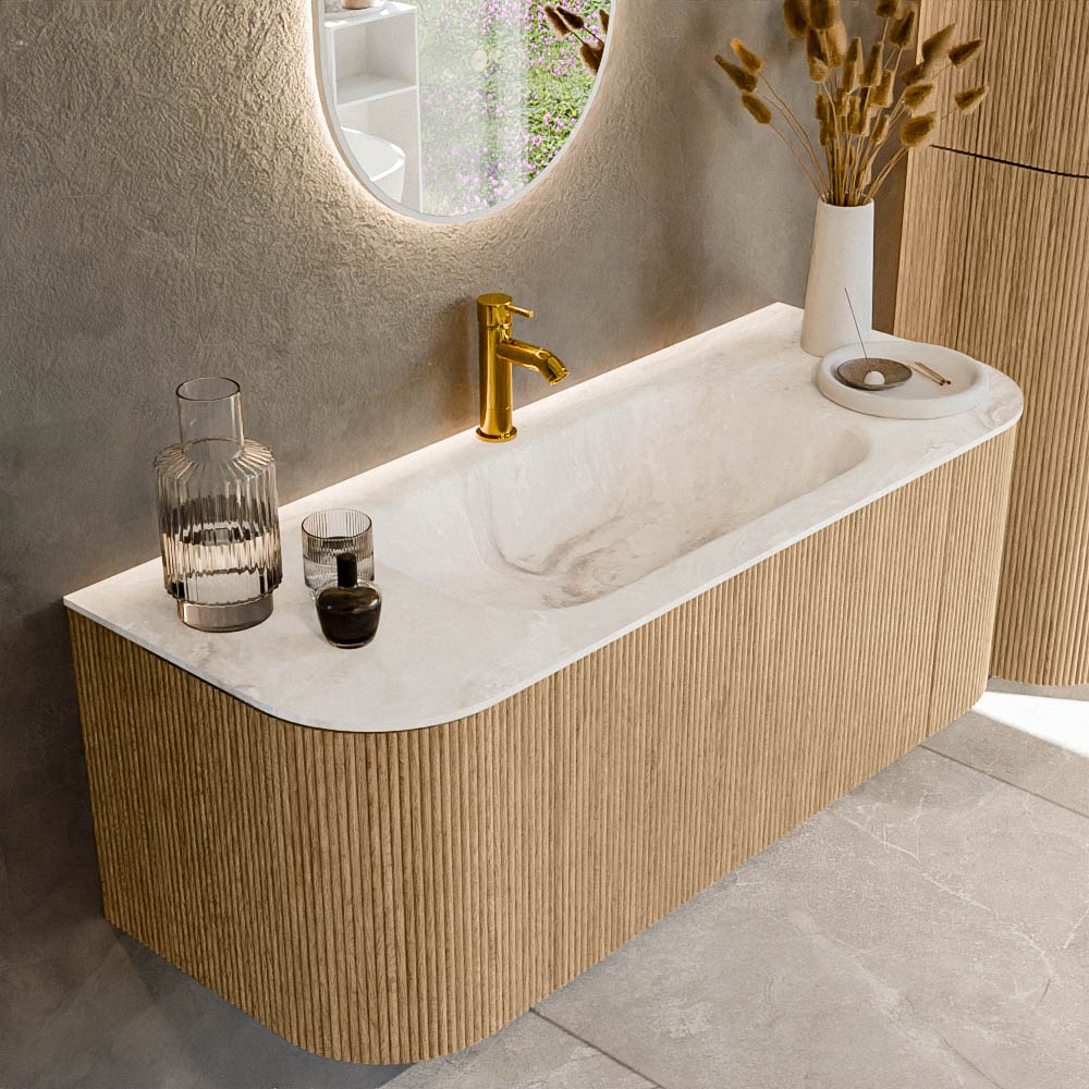 MONDIAZ KURVE-DLUX 120cm badmeubel ronding Links + Rechts kleur Oak met 1 lade en 2 deuren. Wastafel BIG SMALL Midden 1 kraangat Frappe.