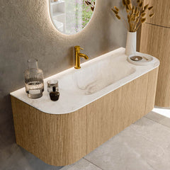 MONDIAZ KURVE-DLUX 120cm badmeubel ronding Links + Rechts kleur Oak met 1 lade en 2 deuren. Wastafel BIG SMALL Midden 1 kraangat Frappe.