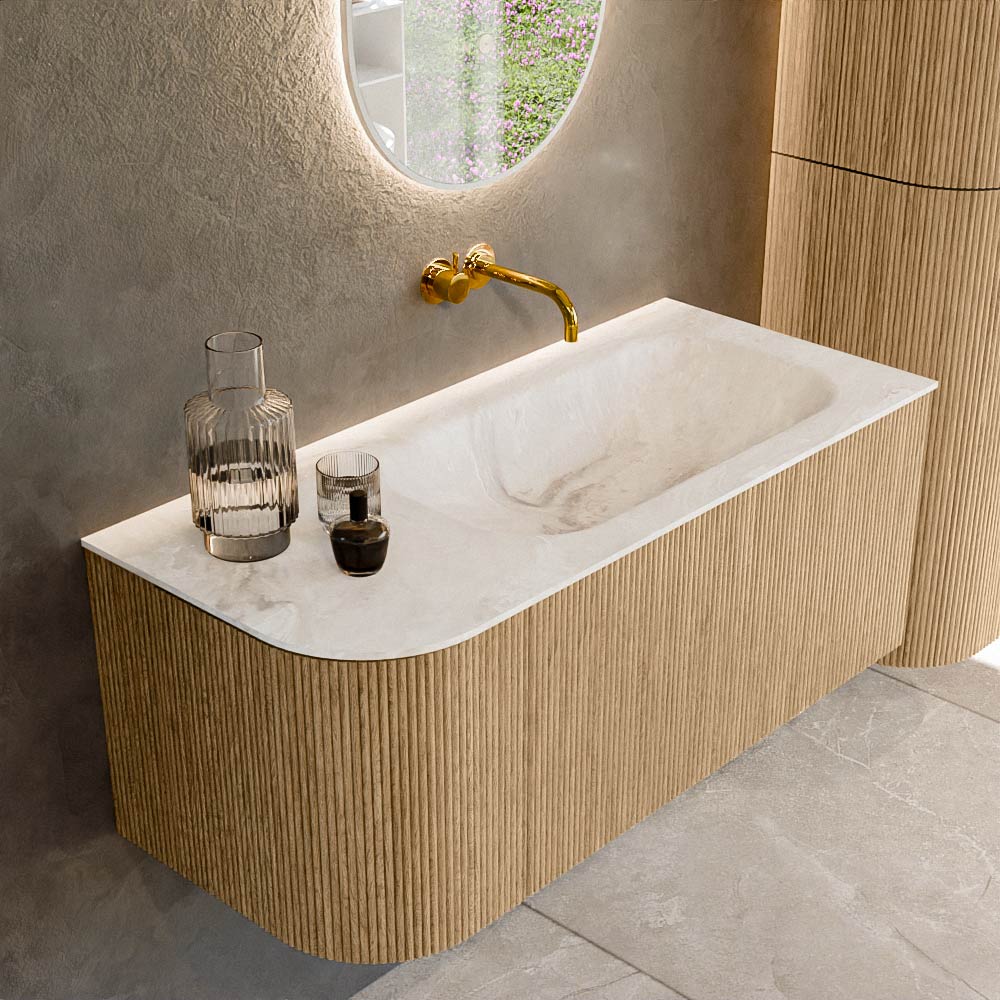 MONDIAZ KURVE-DLUX 105cm badmeubel ronding Links kleur Oak met 1 lade en 1 deur. Wastafel BIG SMALL Rechts zonder kraangat Frappe.